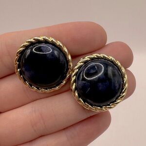 VINTAGE Blue Marbled Plastic Stone & Rope Earrings